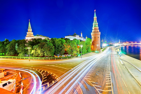 View of Kremlin next to Moscow River at night in Moscow, Russia.のeditorial素材
