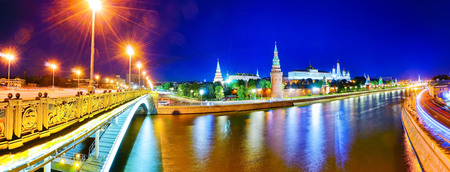 View of Kremlin and Moscow River at night in Moscow, Russia.のeditorial素材