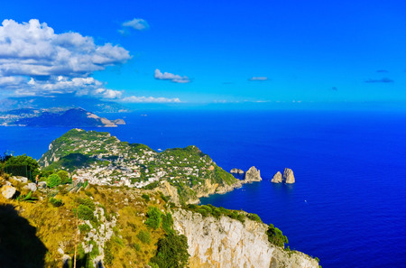 View of the beautiful coastline from Monte Solaro on the Capri Island in Italy in summer.の写真素材