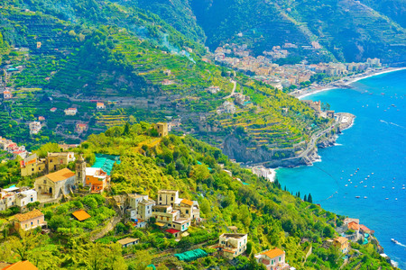 View of the Amalfi Coast from Ravello village in Italy on a sunny day in summer.のeditorial素材