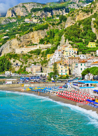 View of Amalfi town along Amalfi Coast in Italy in summer.のeditorial素材