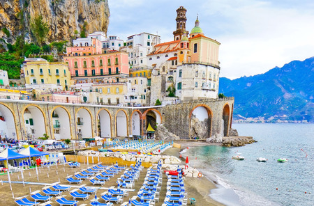 View of Atrani village along Amalfi Coast in Italy on a cloudy day in summer.の写真素材