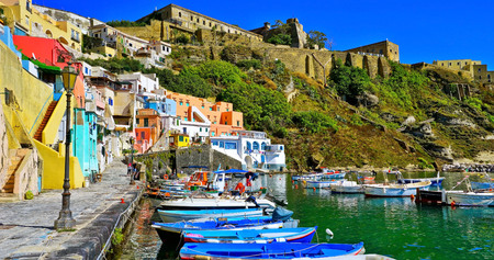 View of the colorful houses at the Port of Corricella in Procida Island, Italy.のeditorial素材