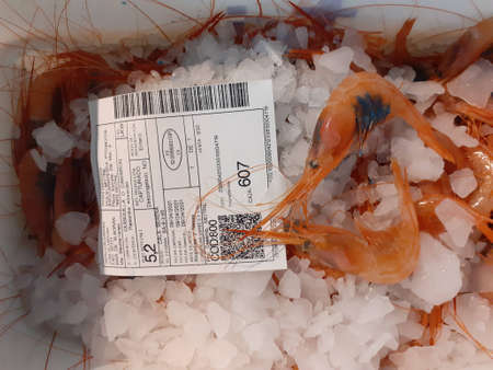 Shrimps in ice bucket with price tag. Top view.の写真素材