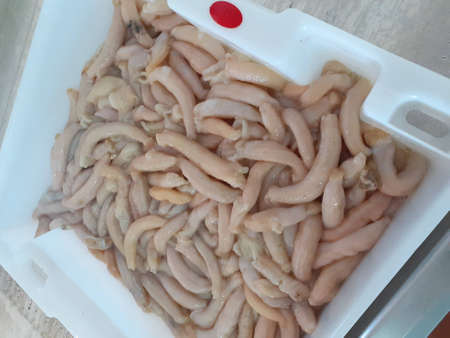 Slices of raw chicken fillet in a plastic box on the tableの写真素材