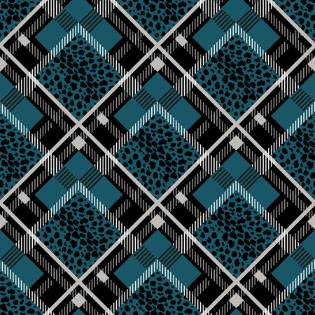 Scottish tartan grunge seamless pattern with leopard spots on blue. eps10のイラスト素材