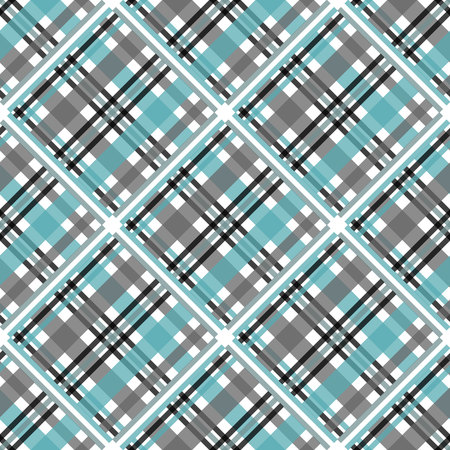 Seamless tartan plaid pattern. Checkered fabric texture print in stripes of bright blue, teal black, teal blue and white. eps10のイラスト素材