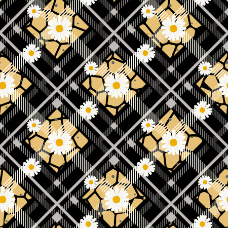 Seamless pattern for tablecloth with daisy and cosmos flowers on black and gray checkered background.eps 10のイラスト素材