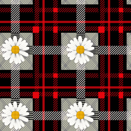 Red tartan plaid and daisy flowers pattern on checkered background for textile eps10のイラスト素材