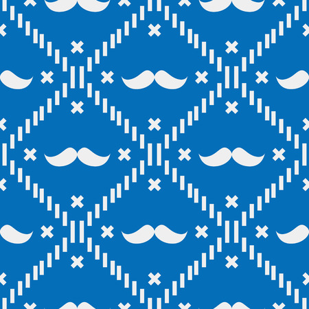 American Hipster Mustache Tartan Plaid and Argyle Vector Patterns in Patriotic Blue, White and Blue. 4th of July or Father s Day Backgrounds. Barbershop Style. Pattern Tile Swatches Included.のイラスト素材