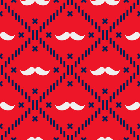 American Hipster Mustache Tartan Plaid and Argyle Vector Patterns in Patriotic Red, White and Blue. 4th of July or Father s Day Backgrounds. Barbershop Style. Pattern Tile Swatches Included.のイラスト素材