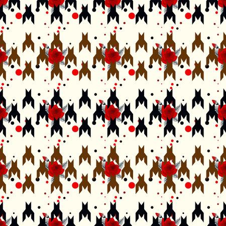 Hounds-tooth seamless vector patternwit red flower. Geometric print in black and white color . Classical English background Glen plaid Glenurquhart check for fashion design. eps10のイラスト素材