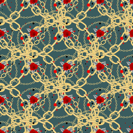 Golden chains and flower on black background seamless pattern. eps10のイラスト素材