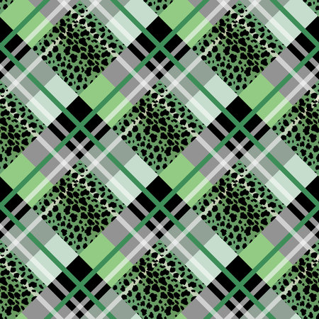 Green Scottish tartan grunge seamless pattern with leopard spots eps10のイラスト素材