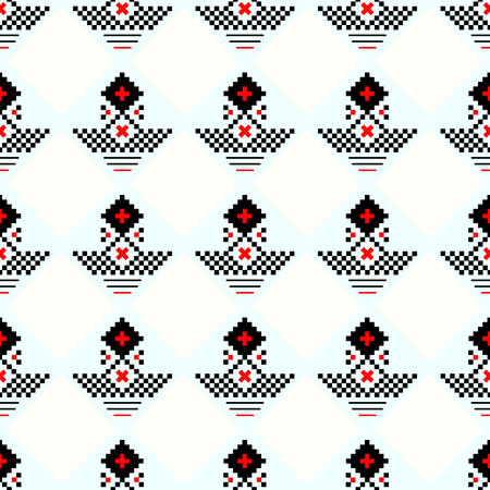 Vector geometric traditional Scandinavian ornament. Simple ornamental seamless pattern. Folk ethnic motif. Abstract minimal texture with squares, crosses, lines. Fair isle background. Red and black eps10のイラスト素材