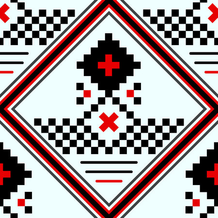 seamless part of embroidered good like handmade cross-stitch ethnic seamless pattern black, white and red. eps10のイラスト素材