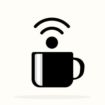 Poster with cup of coffee and text Free WiFi for street cafe. Sign free wifi area sign on a coffee cup. Vector Illustrationのイラスト素材
