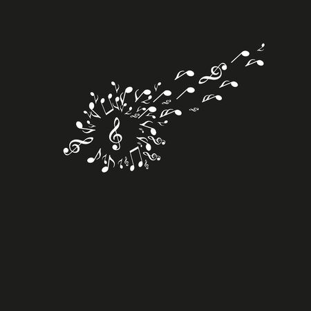 Dandelion silhouette made from musical notes, with some notes flying away towards on black backroundのイラスト素材