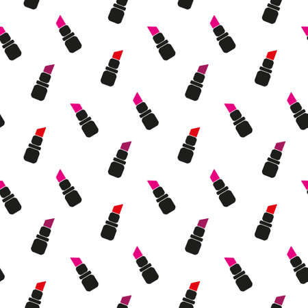 Seamless watercolor pattern with beauty items on the white background, aquarelle lipstick. Vector illustration. Hand-drawn original cosmetics background. Useful for invitations, scrapbooking, design. EPS 10のイラスト素材