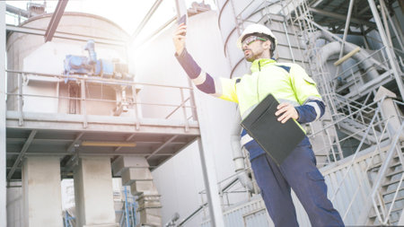 Engineer taking a photo with his mobile phone in a factory. Inspection concept in industry