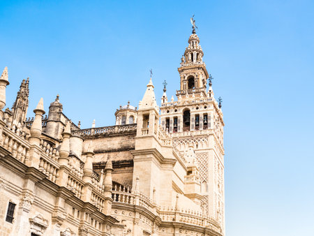 The Giralda and the Cathedral of Seville in Seville, Andalusia, Spainの写真素材