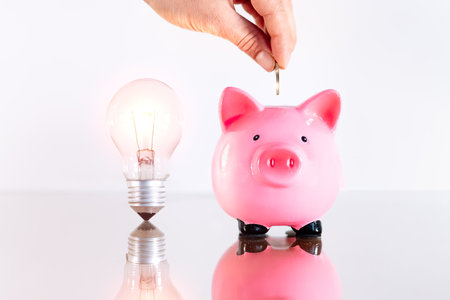 Hand inserting coin into pig piggy bank with a light bulb at the side. Energy saving conceptの写真素材
