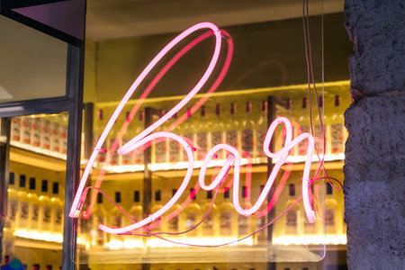 Neon sign with the word bar in rose.の写真素材