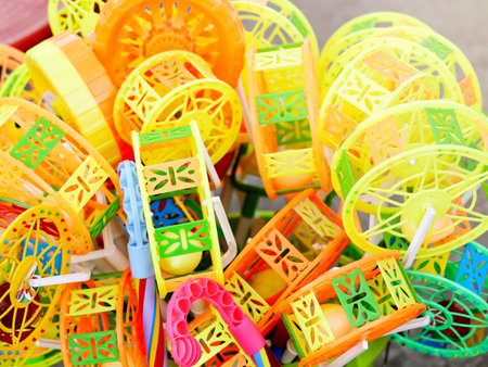 Colorful ride-ons for children. Concept of plastic toys at a fairの写真素材