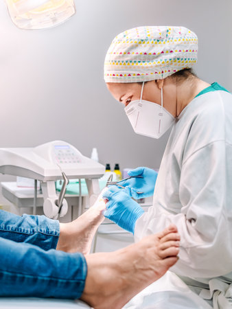 Female podiatrist doing chiropody in her podiatry clinic. selective focusの写真素材