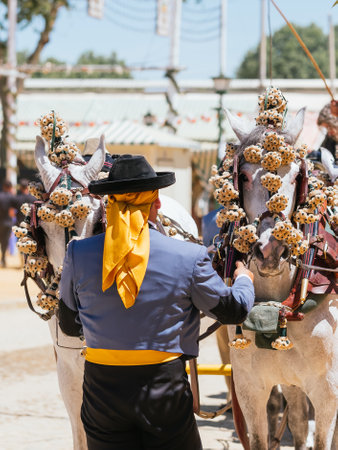 Seville, Spain - April 26, 2023 : A person in traditional attire leading two elegant horses at the Seville Fair.のeditorial素材