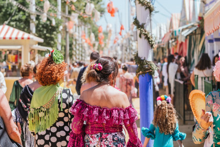 Seville, Spain - April 26, 2023 : Women in colorful flamenco dresses at the festive Seville Fair.のeditorial素材