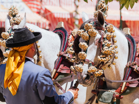 Seville, Spain - April 26, 2023 : A person in traditional attire leading two elegant horses at the Seville Fair.のeditorial素材