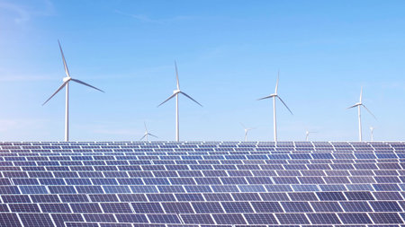 Solar panels with windmills in the background. Clean and renewable energy concept. Selective focus