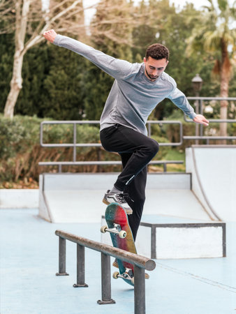 Skateboarder performing a trick on a rail at a skatepark.