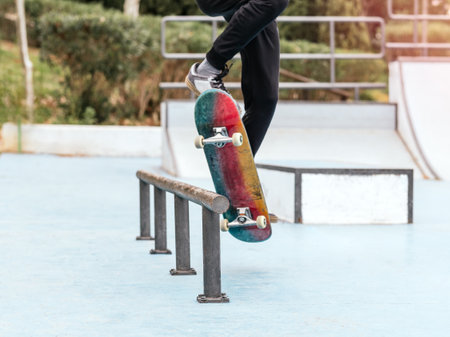 Skateboarder performing a trick on a rail at a skatepark.の写真素材