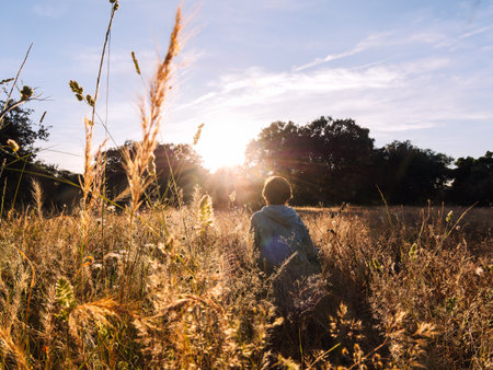 Boy Enjoying Sunset in Serene Meadow