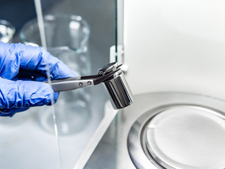 A operators hand is holding steel calibration weight to place on the analytical balance.の写真素材