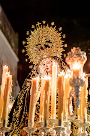 Religious Float with the Virgin Mary at Nightの写真素材