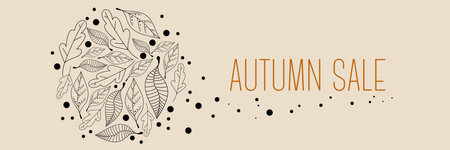 Autumn Sale Banner with Fallen Maple Leaves on Branches, Promo Advertising Poster, Store Discount Flyer or Off Voucher. Cartoon Vector Illustration, Abstract Floral Background in Cartoon Style.のイラスト素材