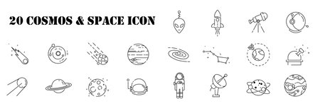 Set of space or cosmos icon vector illustration in outline style for for web,landing page, stickers, and background.のイラスト素材