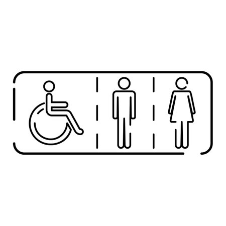 Man and Woman or Disabled person toilet line icon, outline vector sign, linear pictogram isolated on white. WC, Water closet symbol, logo illustration.のイラスト素材