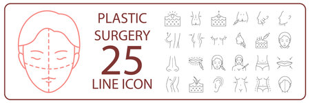 Plastic surgery vector line icon set. Human body and face or skin. Body care beauty.のイラスト素材