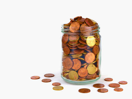Concept of saving money. Euro coins. Glass bottle.の写真素材