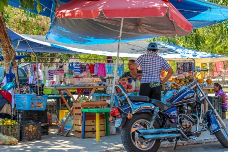 Yucatan, Mexico - March 30, 2013: A Woman selling fruits on a typical rural Yucatan Street Marketのeditorial素材