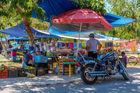 Yucatan, Mexico - March 30, 2013: A Woman selling fruits on a typical rural Yucatan Street Marketのeditorial素材