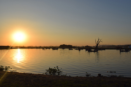 Tamarind treeat sunset in Taungthaman lake, Amarapura, Mandalay, Myanmarの写真素材