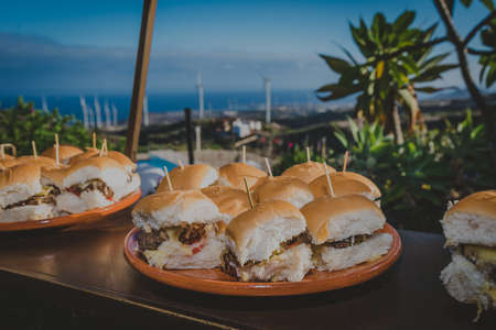 food served on a plate and background is a sky with cloudsの写真素材