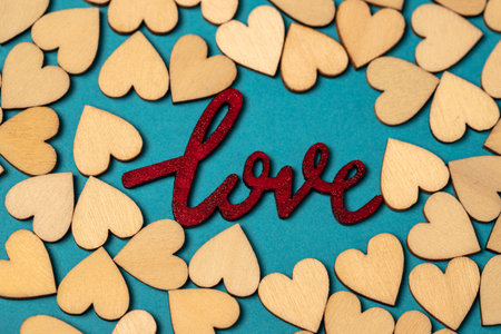 red love sign and wooden heartsの写真素材