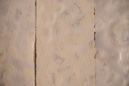 Top view of rectangular shaped pieces of delicious nougat placed on surface close to each otherの写真素材