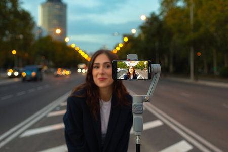 Smiling young woman with long hair in warm clothes standing on traffic island and taking self portrait via cellphone placed on tripodの写真素材